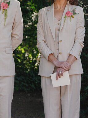 Custom 3-piece women's tan summer Suitshop suit, wedding party, size 00